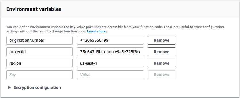 originationNumber、projectId 和區域的環境變數。