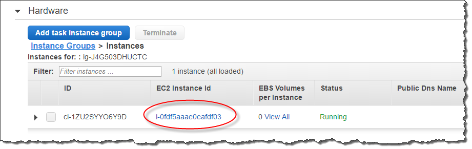 在 Amazon EMR 主控台醒目提示 Amazon EC2 執行個體 ID 值的螢幕擷取畫面。