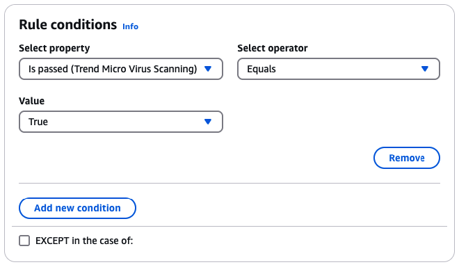 在規則條件中使用 Trend Micro Virus Scanning Add On 來判斷通過病毒掃描之電子郵件的規則動作。