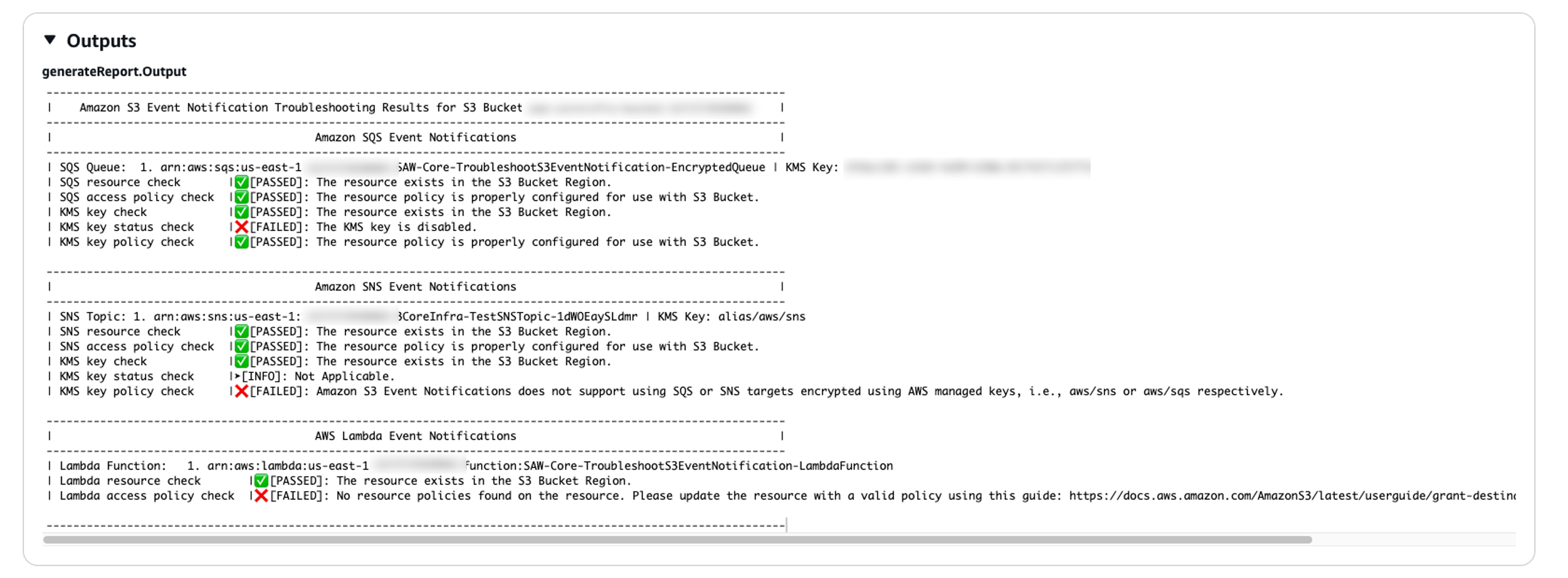 AWSSupport-TroubleshootS3EventNotification Runbook 範例執行輸出。