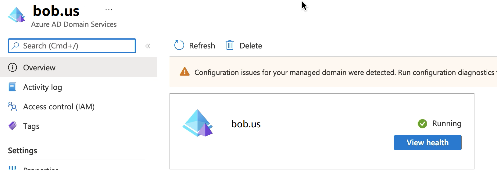 Entra 網域服務畫面顯示資源群組 bob.us 執行中。