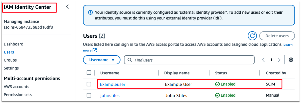 IAM Identity Center 顯示從 Okta 整合的範例使用者