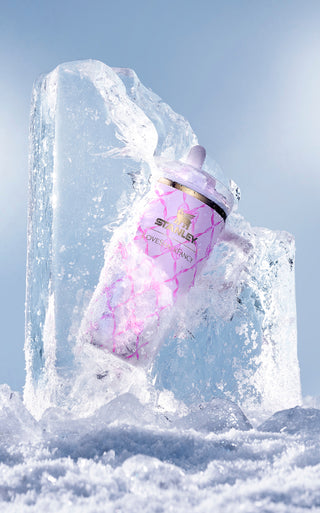 Stanley 1913 x Lovesick Fancy lavender tumbler with pink crackle design bursting through a block of ice