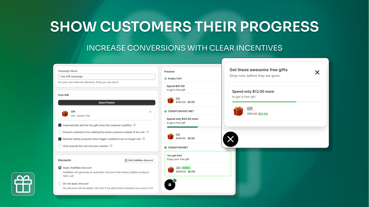 Free gift progress widget showing spend threshold in cart