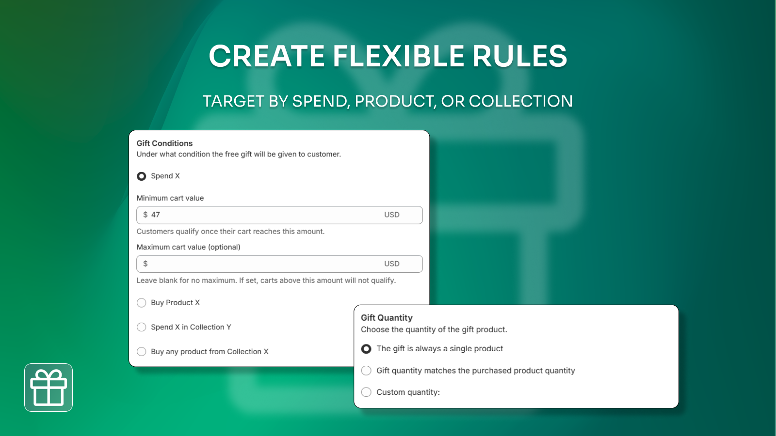 Set rules by cart value, product or collection conditions