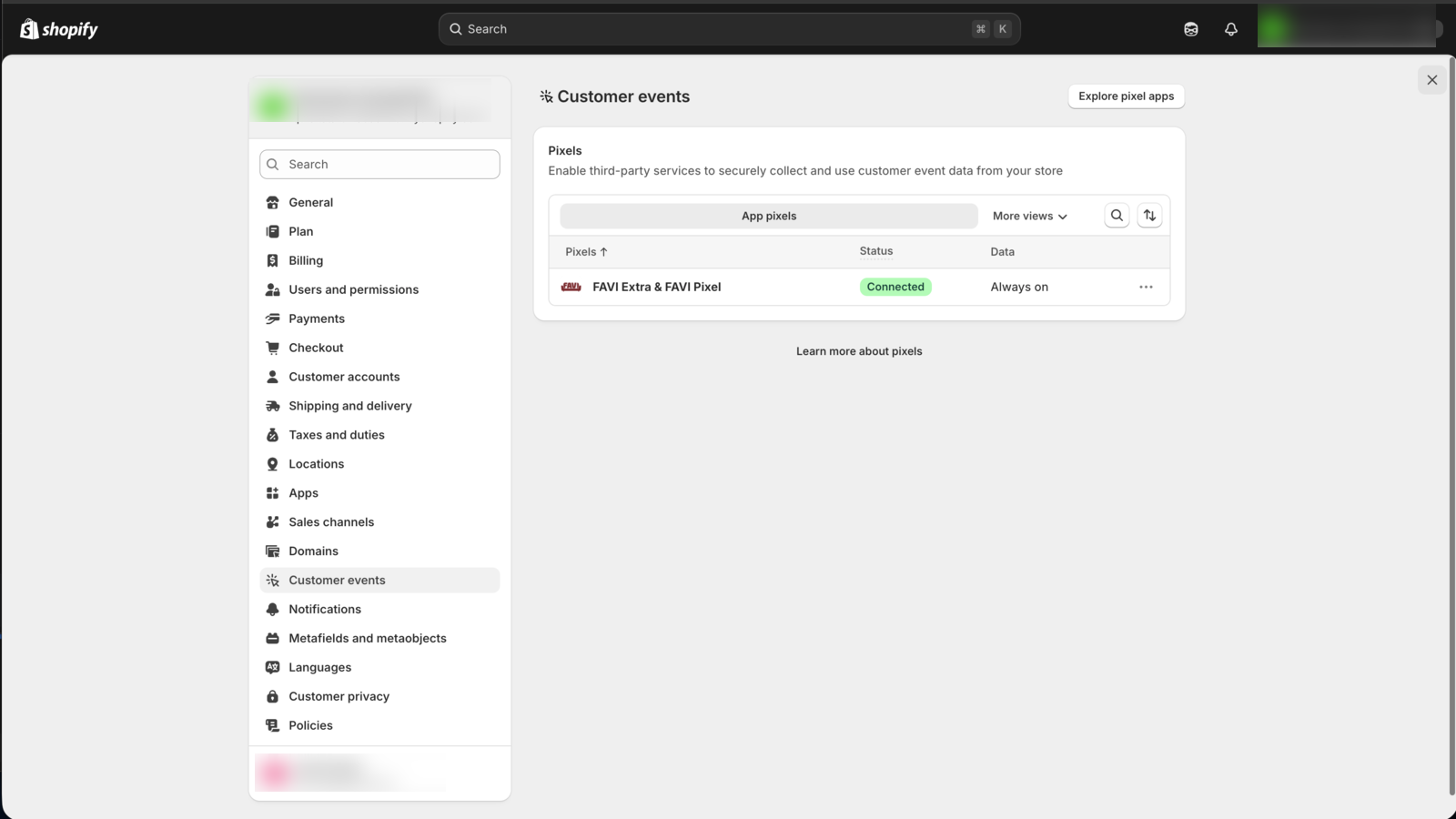 Activating FAVI Pixel in customer settings