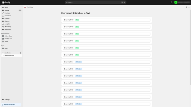 Overview of orders sent to the FAVI system