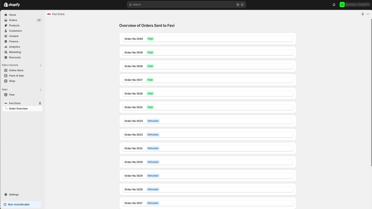 Overview of orders sent to the FAVI system