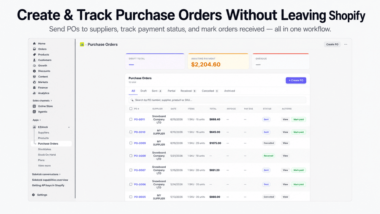 Purchase orders list with supplier, total, and status tracking