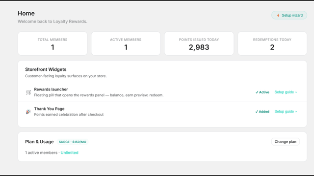 Merchant admin dashboard with member stats and setup guide