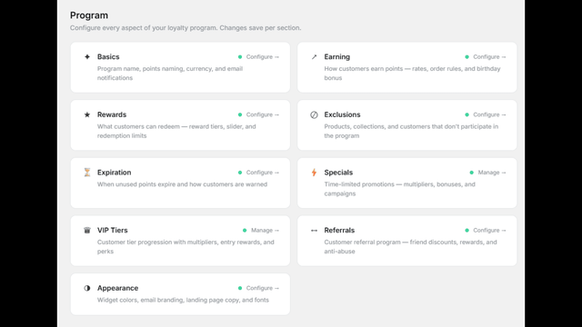 Loyalty program settings with all feature configuration cards