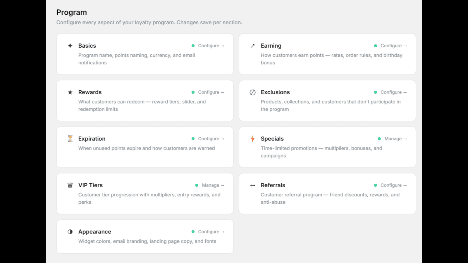 Loyalty program settings with all feature configuration cards