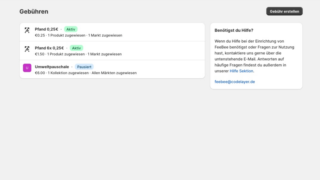 Liste aller aktiven Gebühren