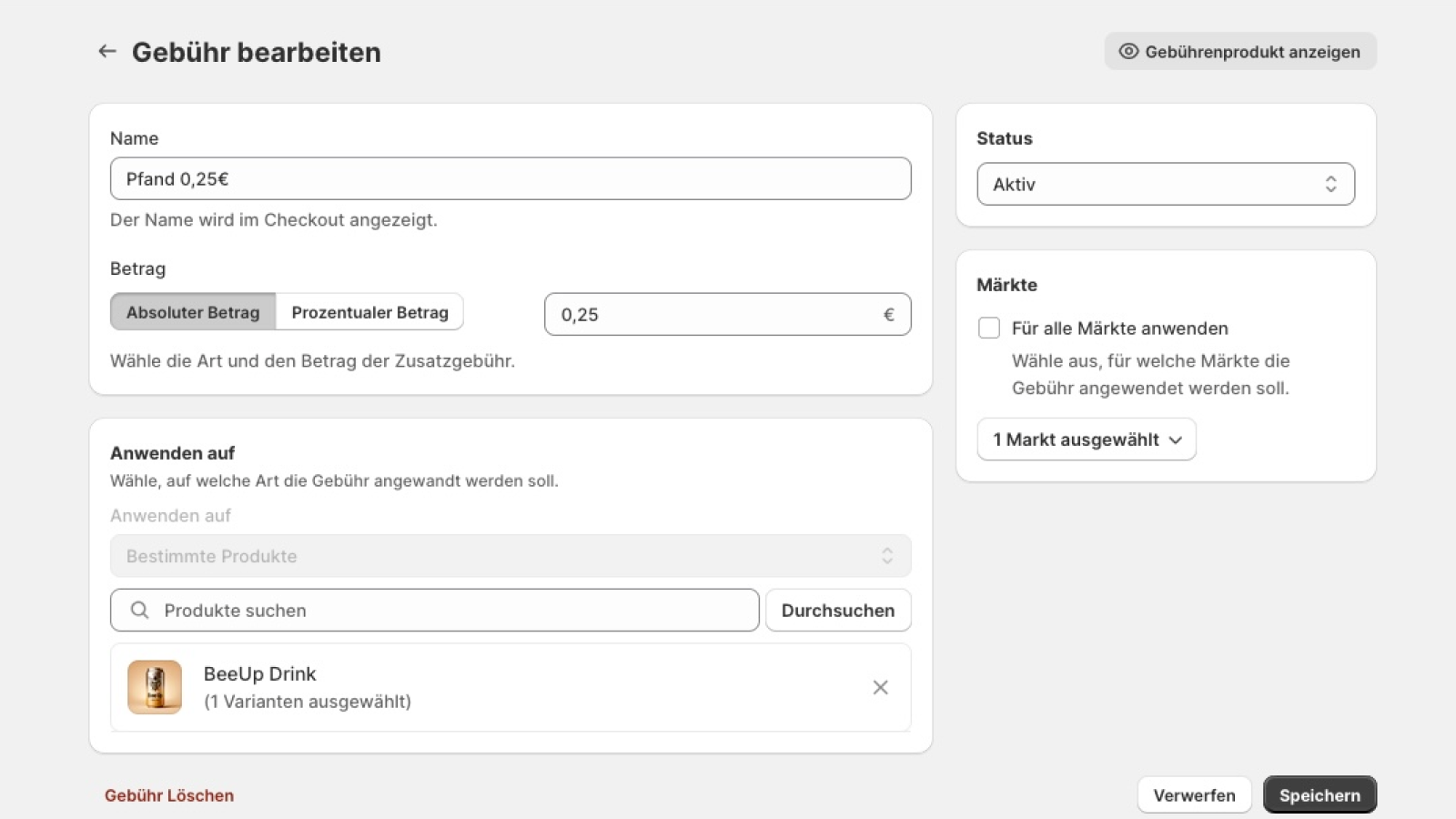 Bearbeiten einer Produktgebür und Auswahl der Produkte