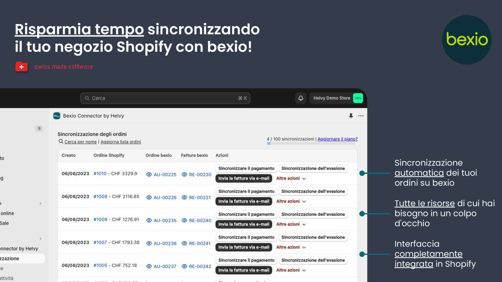 Risparmia tempo sincronizzando il tuo negozio Shopify con bexio!
