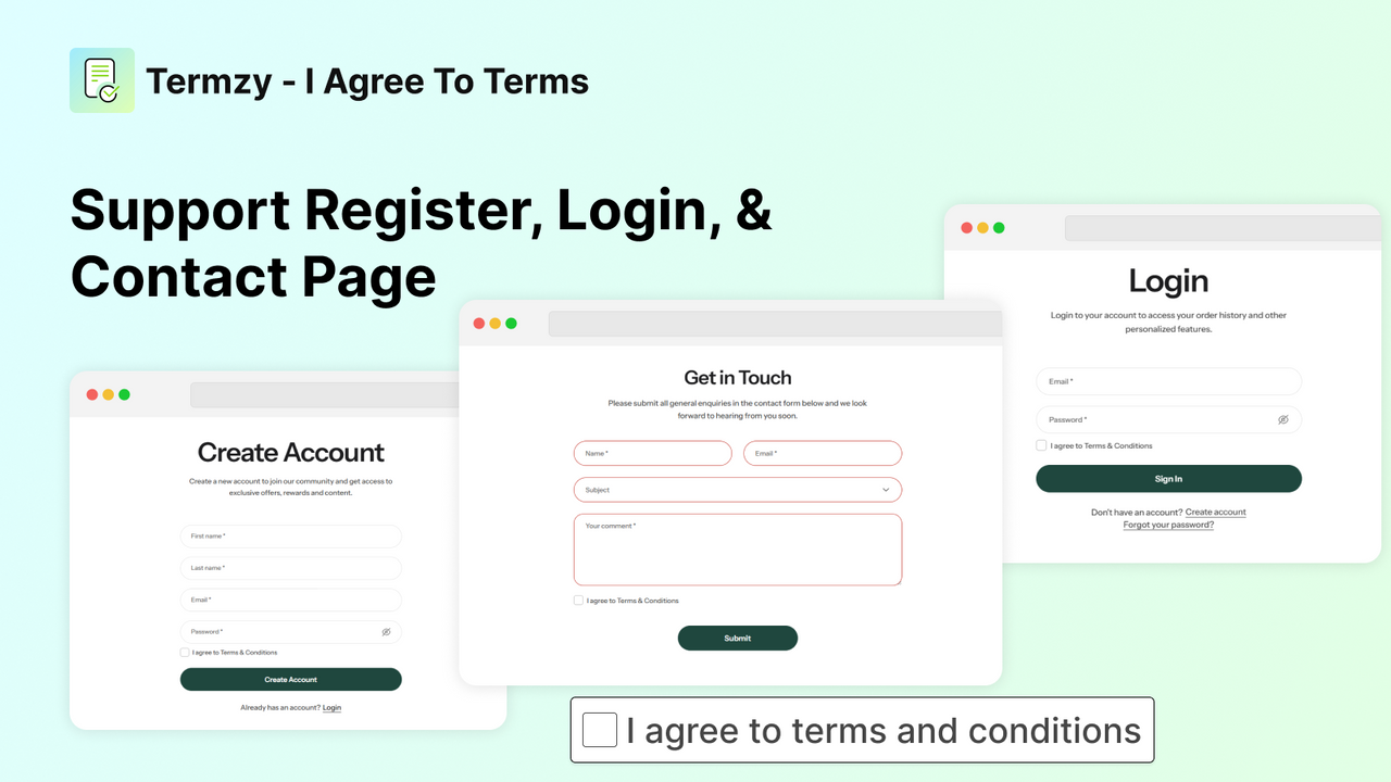 Terms and Condition Support Login, Register and Contact Page