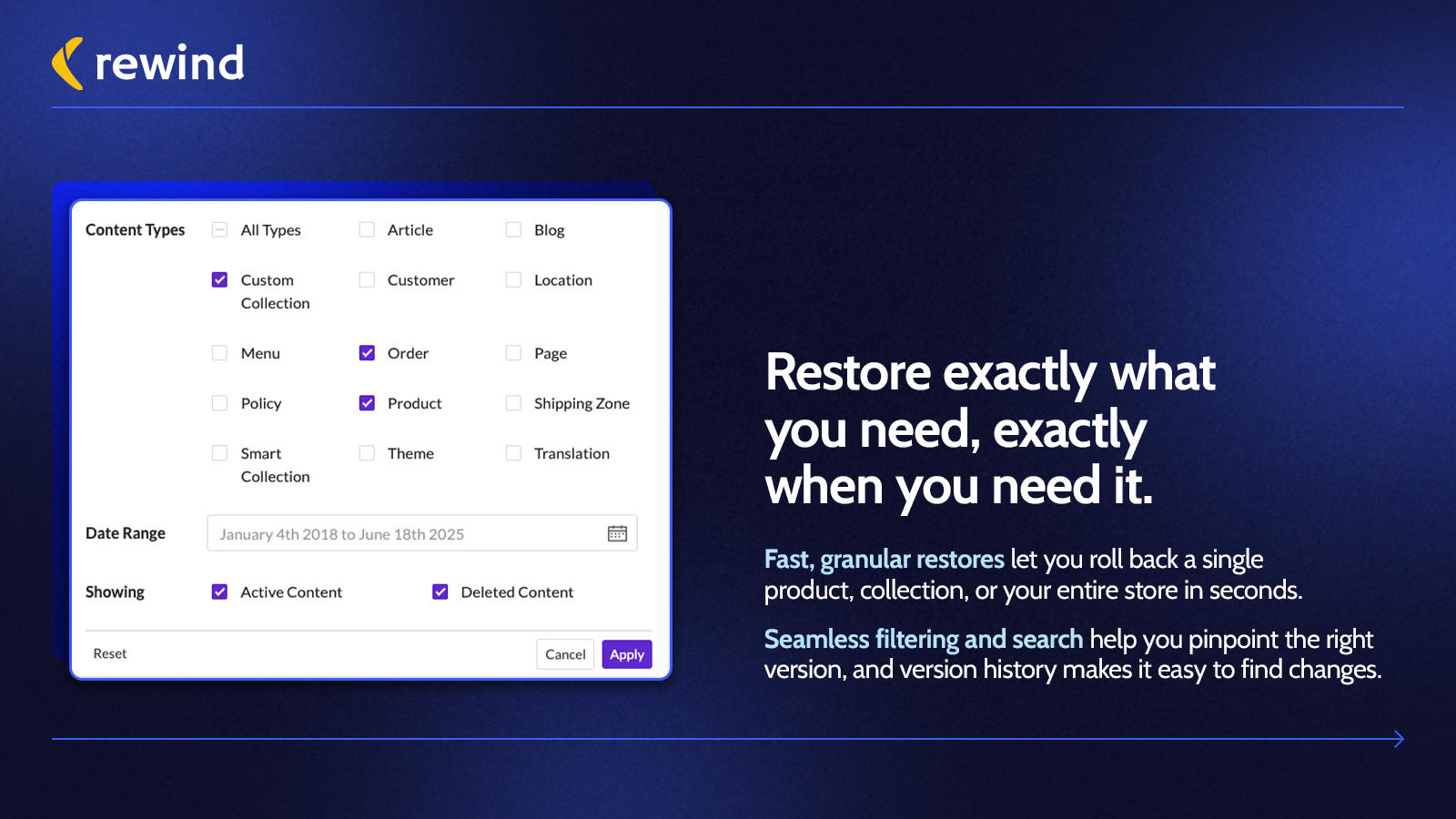 Shopify Backups - Rewind Vault Filters Orders Products