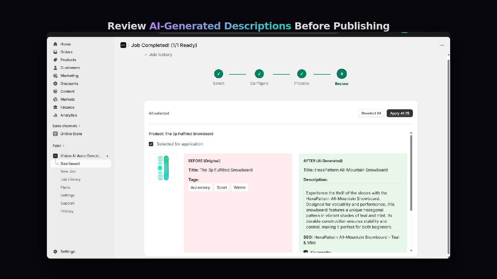 Review AI generated descriptions before publishing