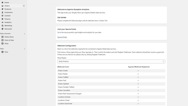 The Shopify app after installed and registered