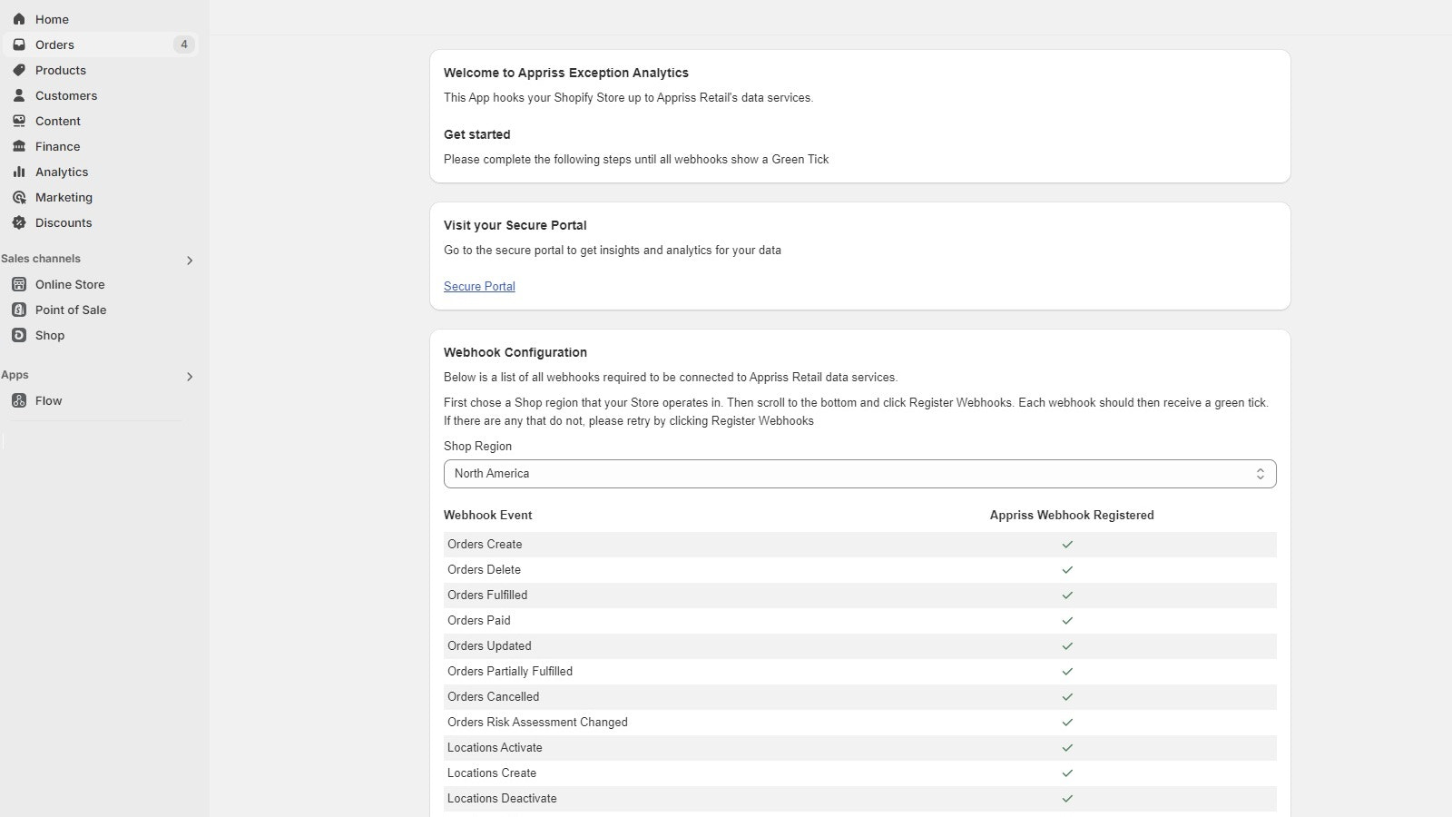 The Shopify app after installed and registered