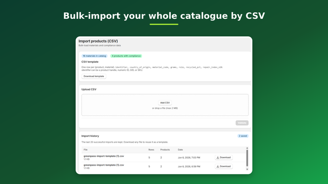 Bulk CSV import with validation, preview and import history