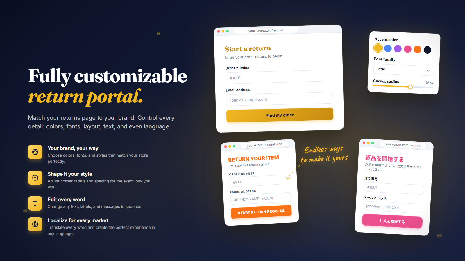 Fully customizable return portal with multilingual support