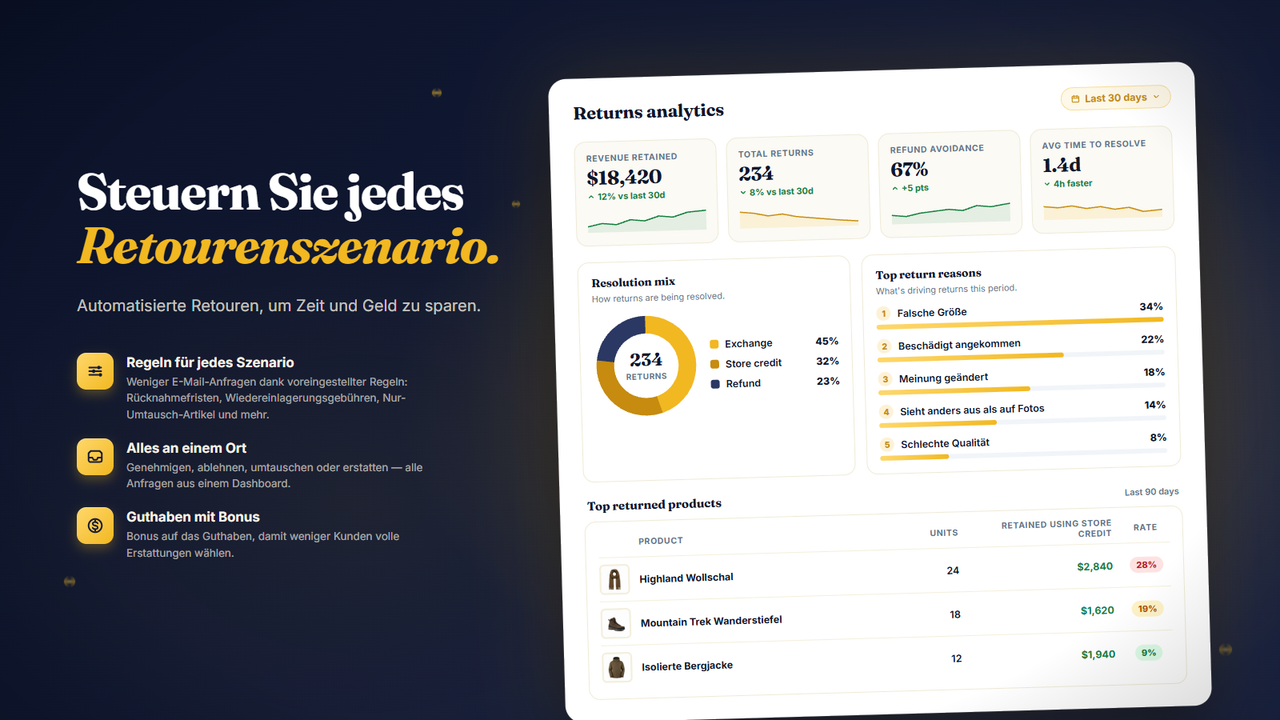 Markenportal für Shopify-Retouren mit Umtausch und Erstattung