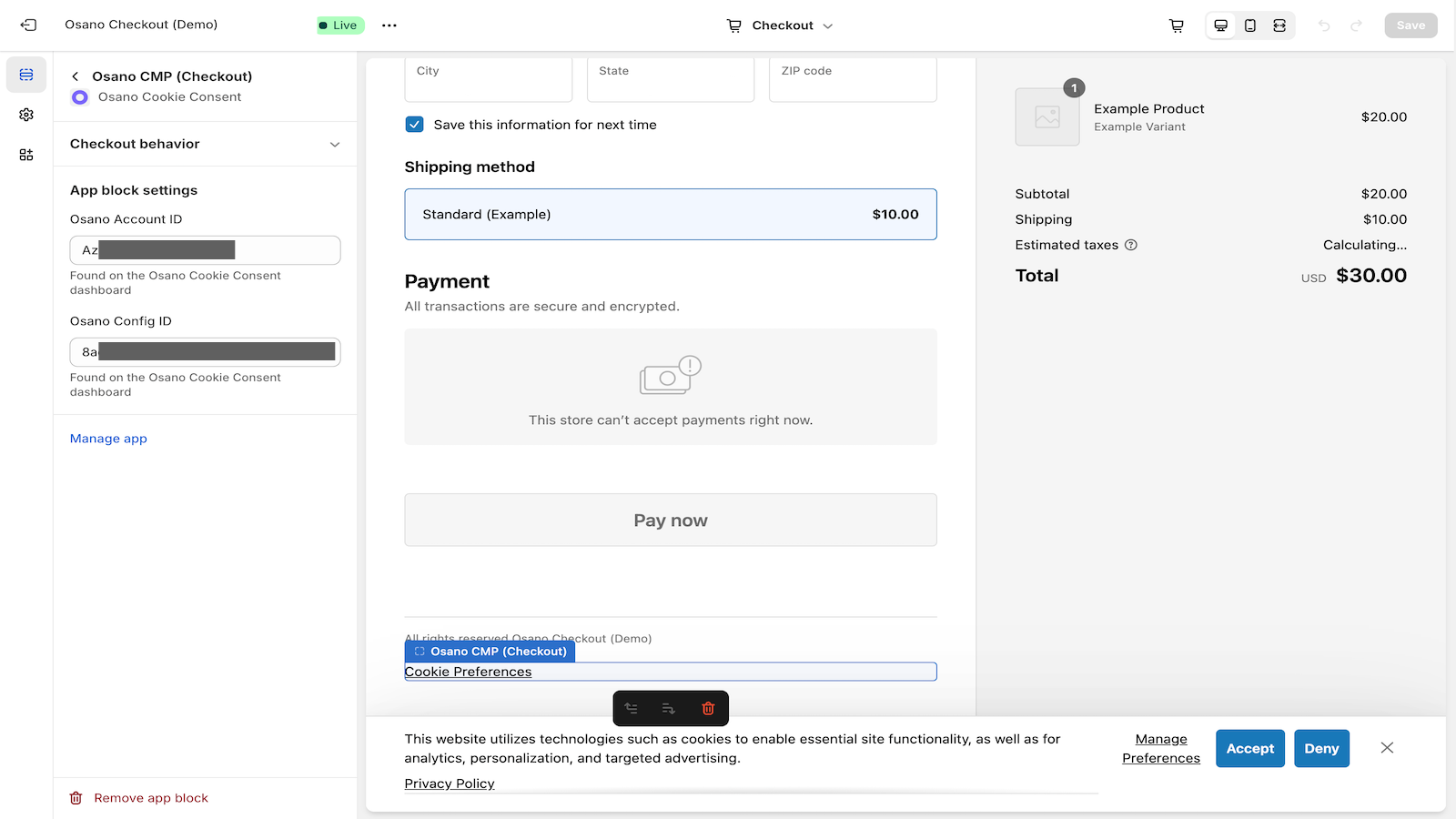 Implementing the consent manager in checkout editor