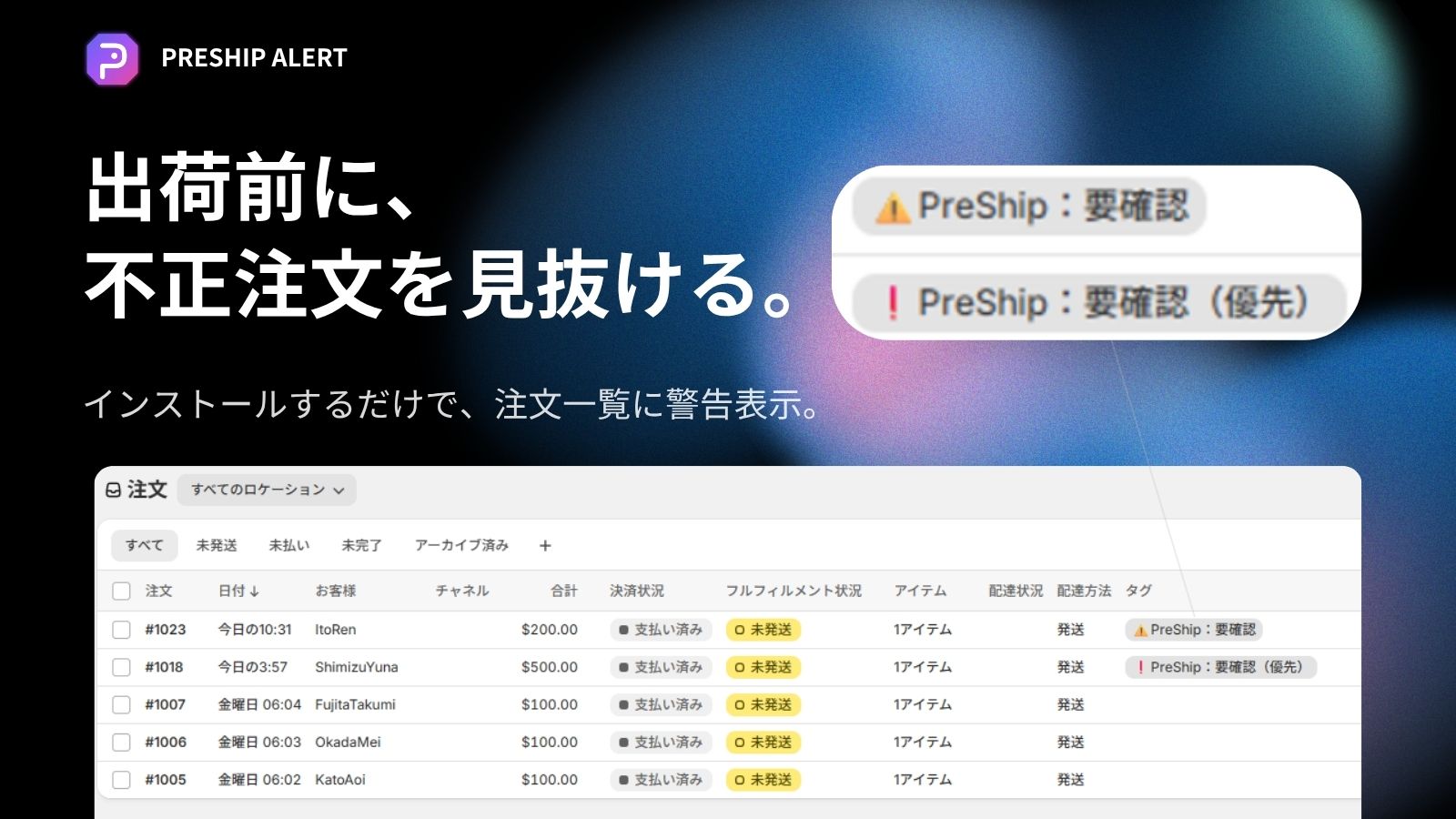 出荷前にリスク注文を判別する画面