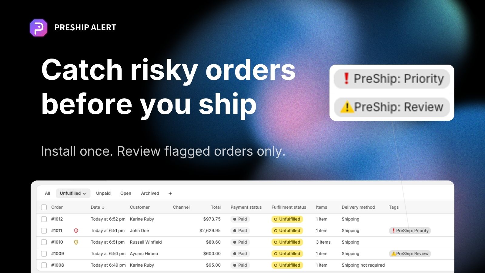 Shopify order list showing PreShip Alert tags for flagged orders