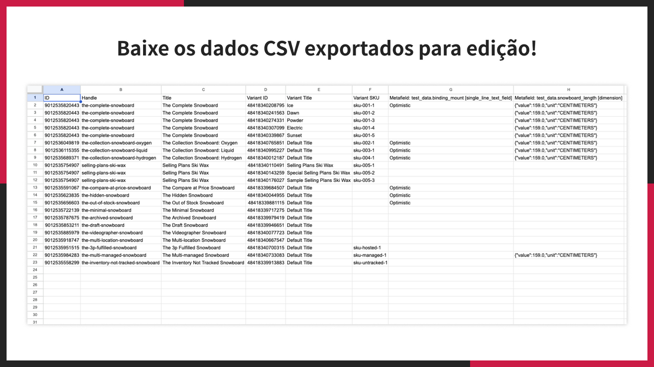 Baixe os dados CSV exportados para edição!