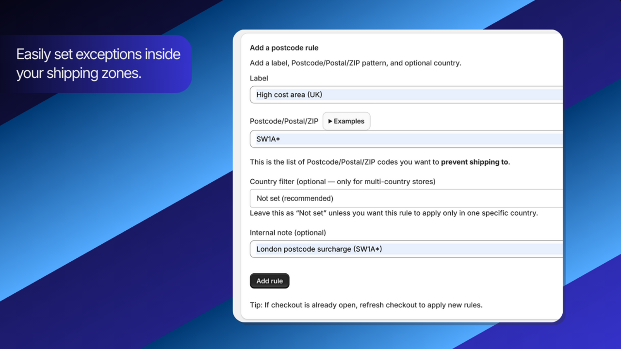 Create a rule: label and Postcode/Postal/ZIP values