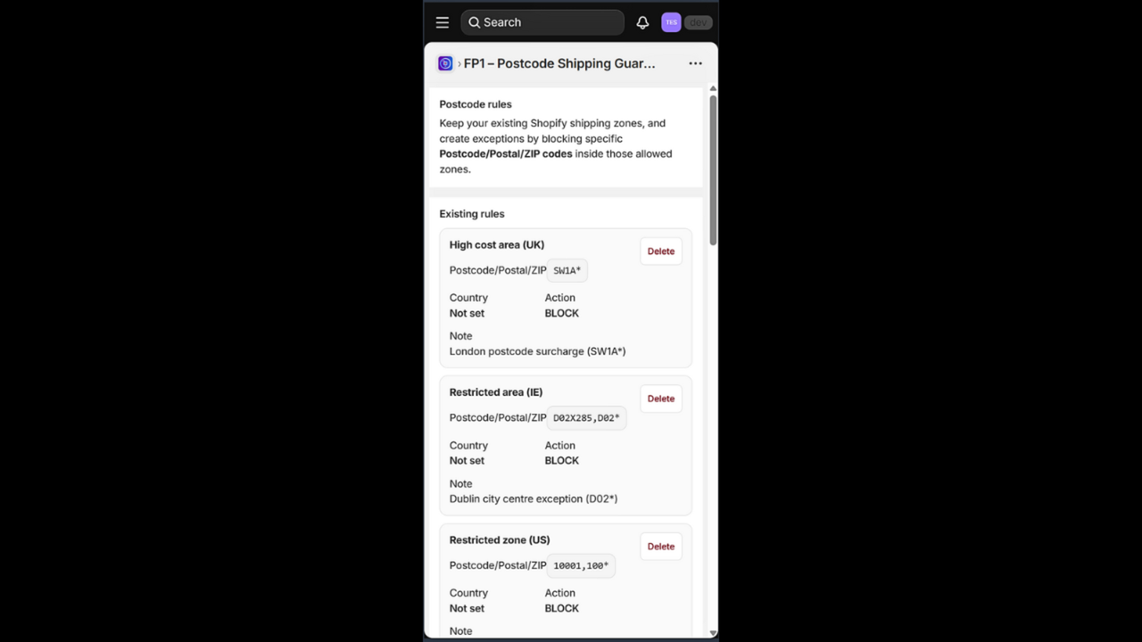 Mobile view: existing rule card with code and action