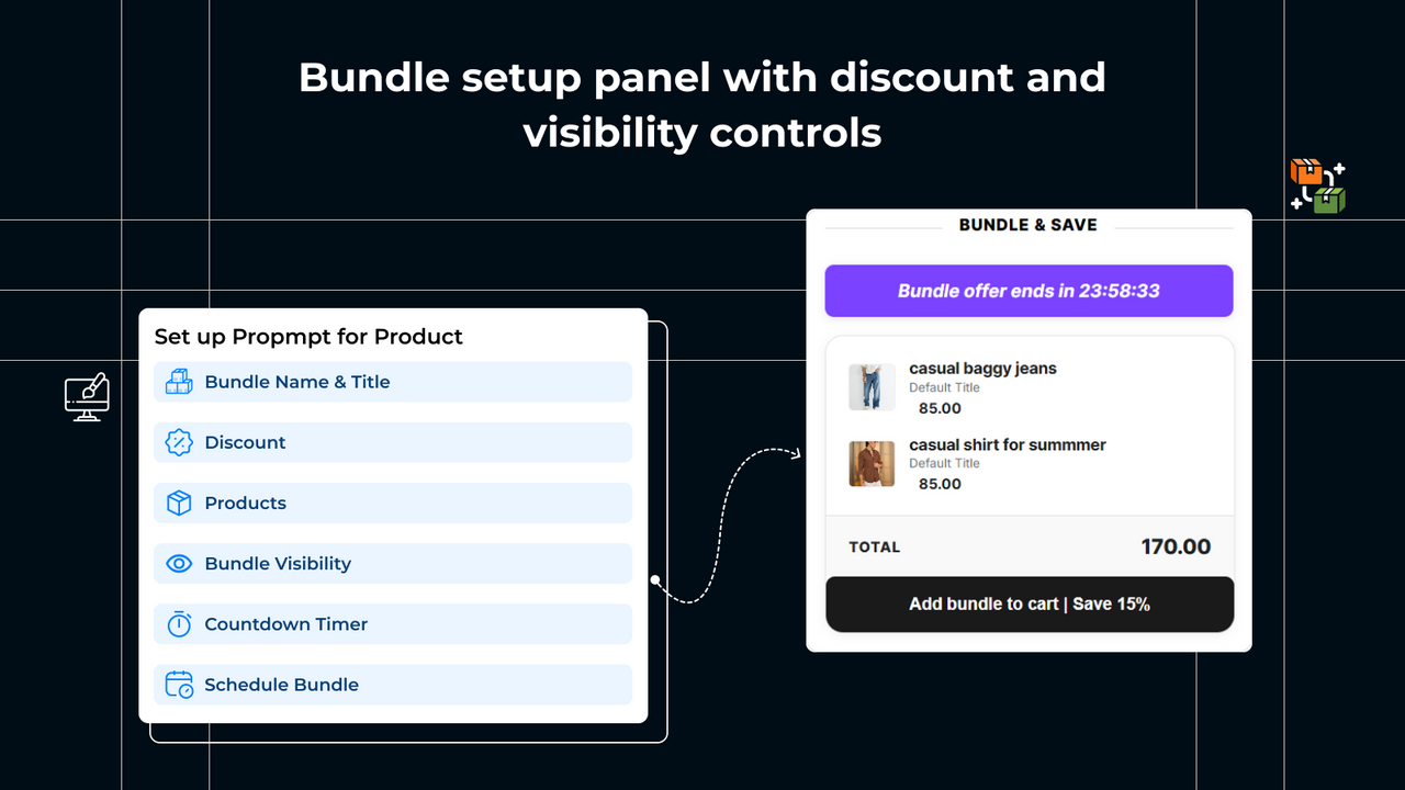 Bundle setup panel with discount and visibility controls