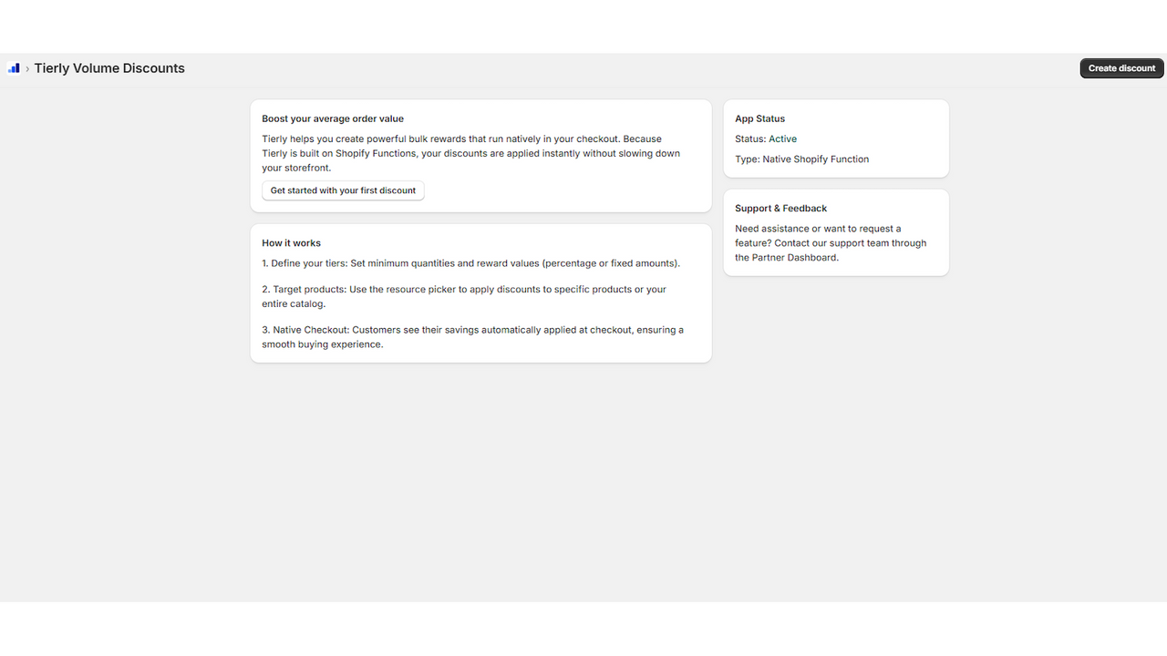 Tierly app dashboard with setup instructions and active status.