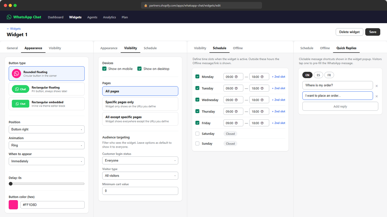 Appearance, Visibility, Schedule and Quick Replies tabs