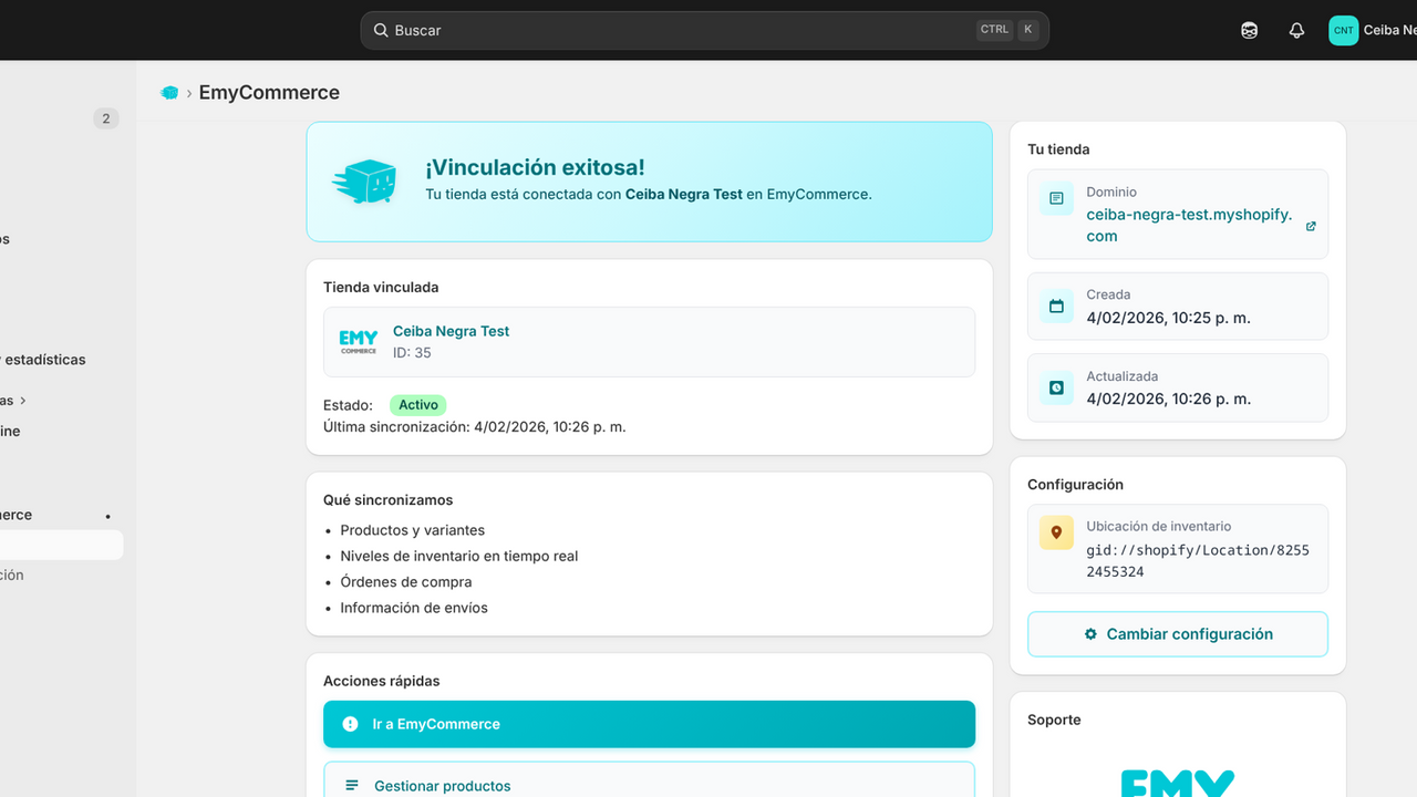 Dashboard mostrando tienda Shopify vinculada con EmyCommerce