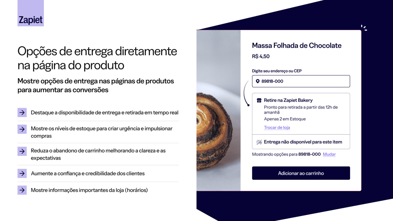 Entrega e retirada direto na página do produto