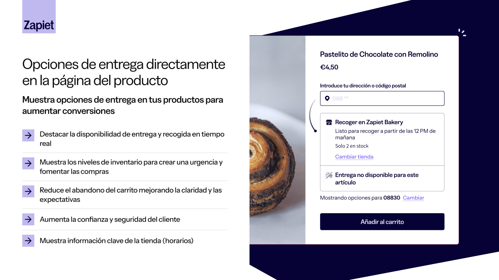 Opciones de entrega y recogida en producto
