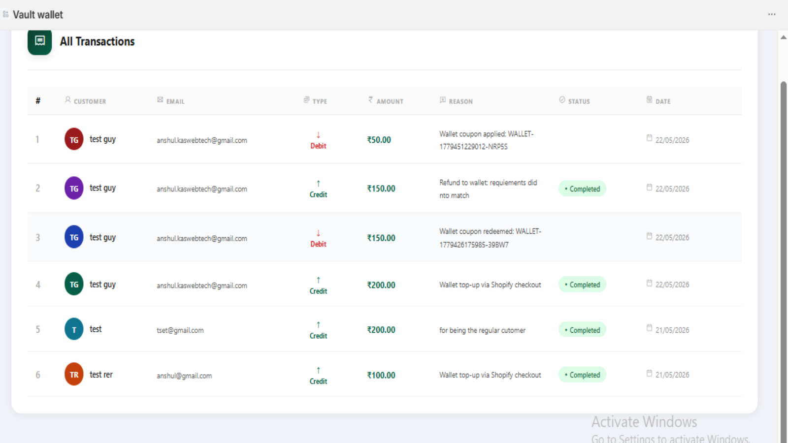 Transections section into application