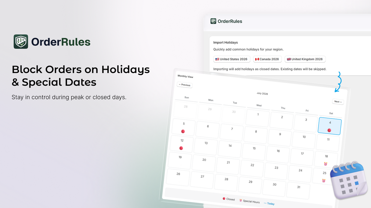 Holiday calendar with auto-close dates and import options