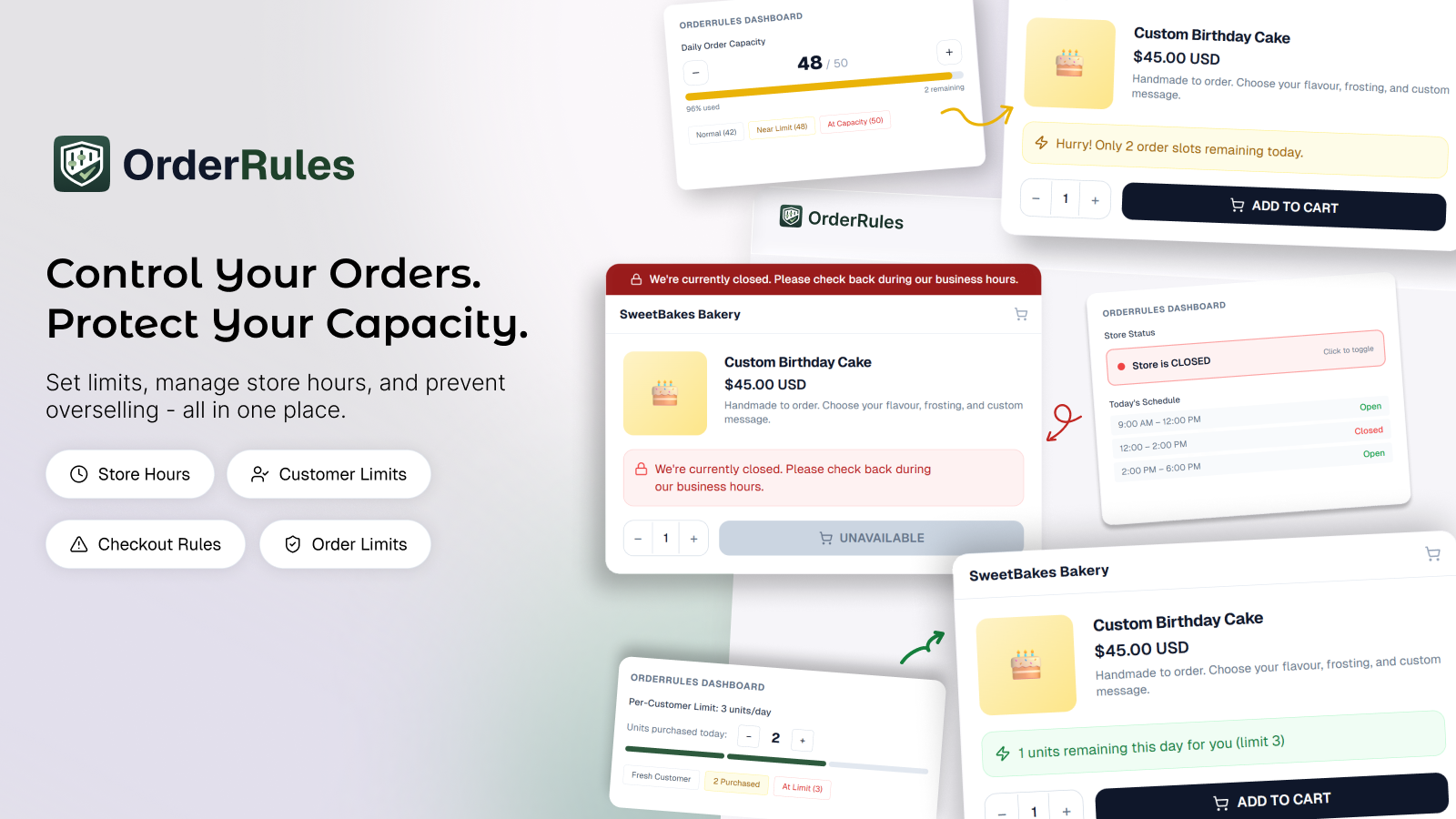 OrderRules dashboard with store hours and order limit settings