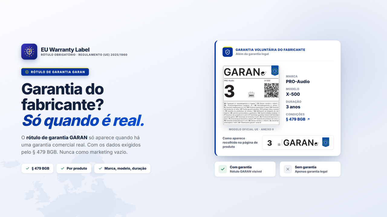 Etiqueta de garantia GARAN com marca, modelo, duração