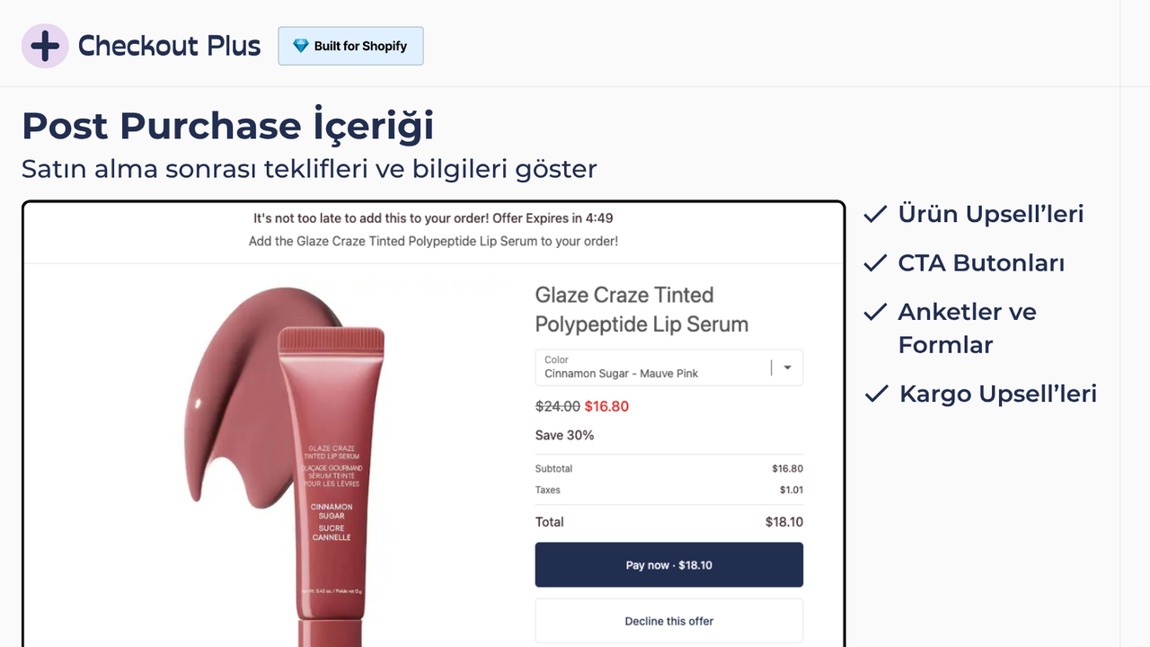 Teklifler ve kargo Upsell’leri ile Checkout Post Purchase