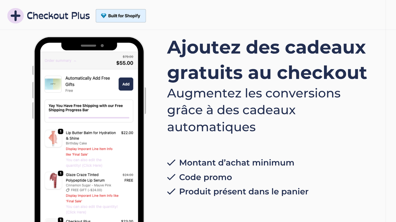 Cadeaux gratuits au checkout selon conditions d’achat