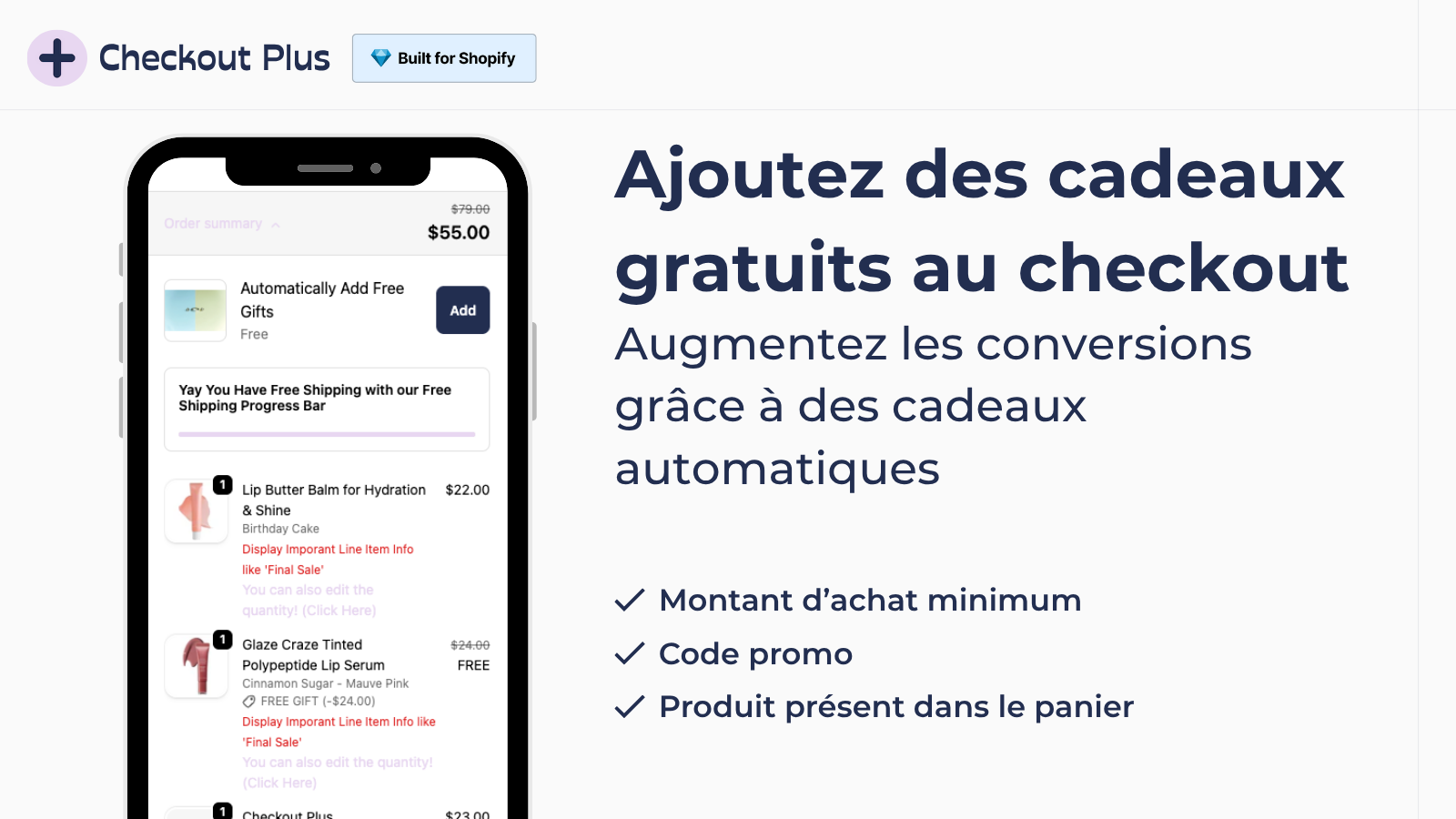 Cadeaux gratuits au checkout selon conditions d’achat