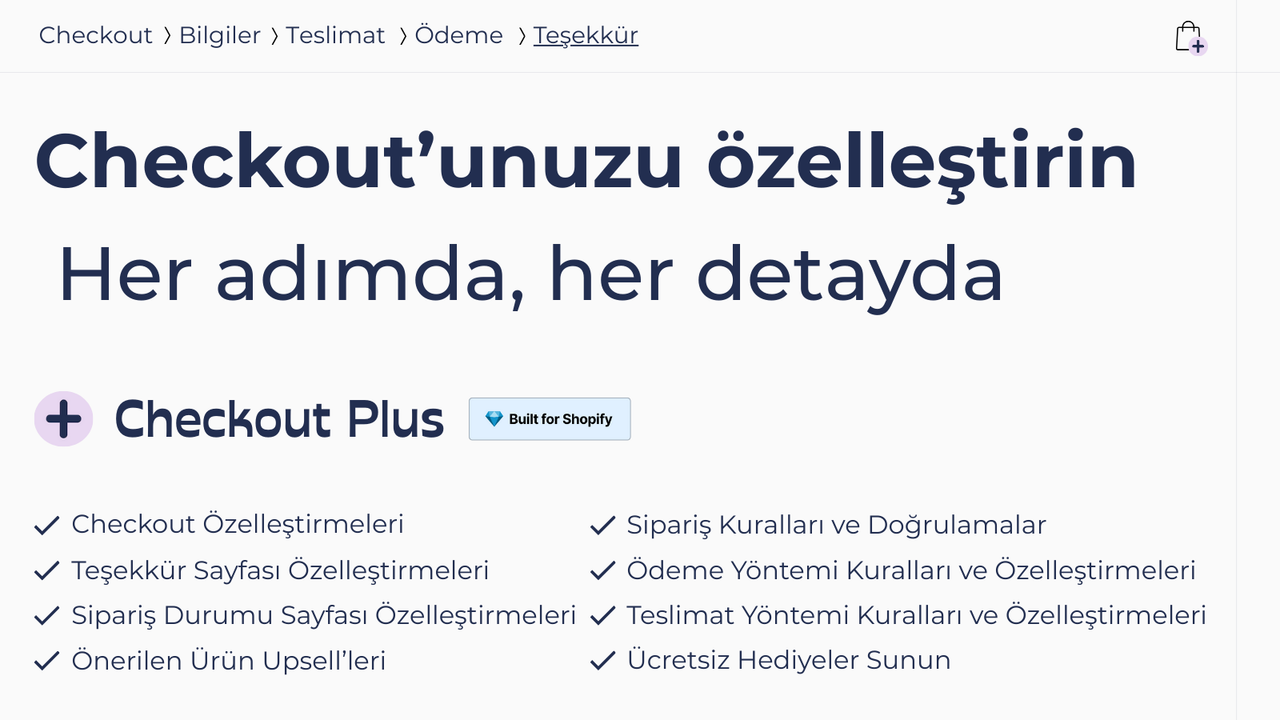 Checkout adımları: Bilgiler, Teslimat, Ödeme ve Teşekkür sayfası