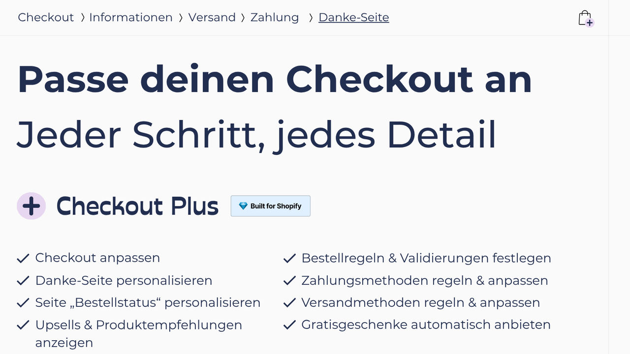 Checkout Schritte: Informationen, Versand, Zahlung und Danke