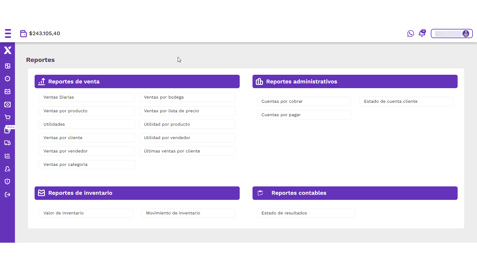 Vista de los reportes disponibles en el sistema