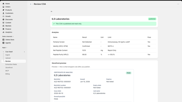 AI-parsed lab COA: fields, confidence scores, and analytes